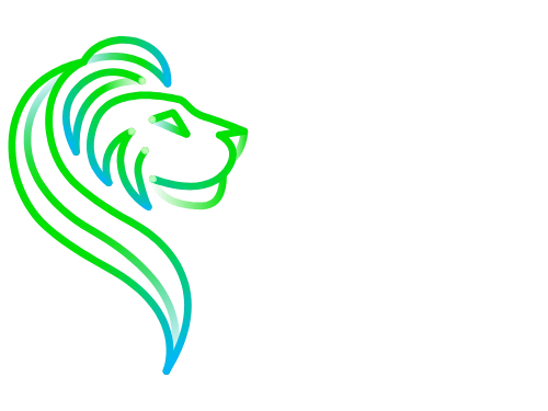 Green and blue illustration of a lion's head