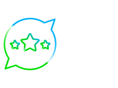 Green and blue illustration of a speech bubble with starts